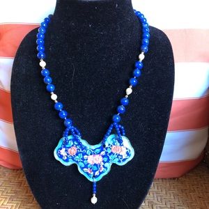 Vintage Lapis lazuli beaded necklace with antique “famille rose” pendant.